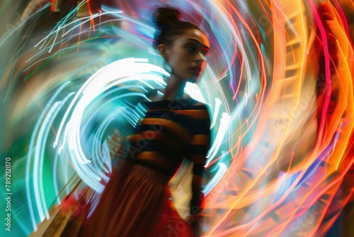 Whirling Woman in Vibrant Dress Spinning in Front of Colorful Light Painting