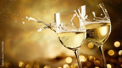Toasting Celebration Photography, Two Glasses of Sparkling Wine with Bubbles and Golden Hue