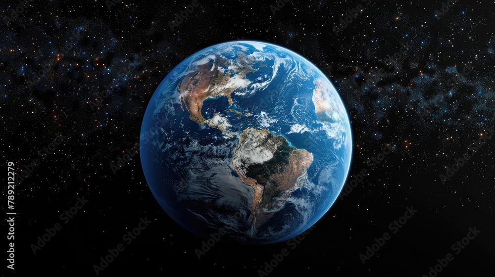 Fototapeta premium Planet Earth, space, shows a realistic surface of the Earth and a map of the world, both from the point of view of space.