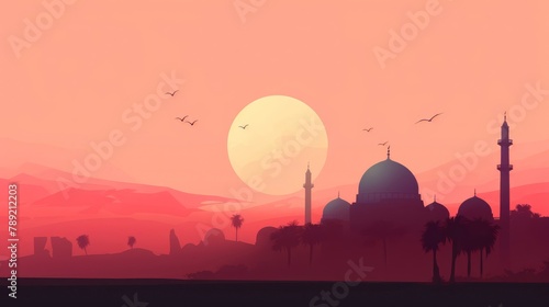 Setting Sun with Mosque Silhouette