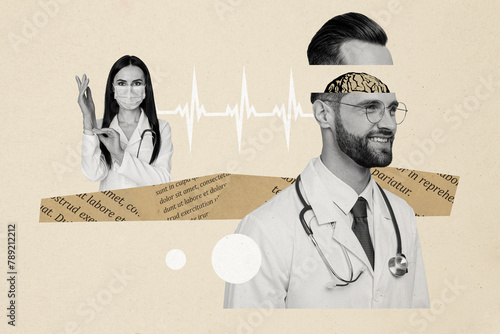 Obraz na plátne Composite photo collage of two doctors girl guy brain examine operation organ mi