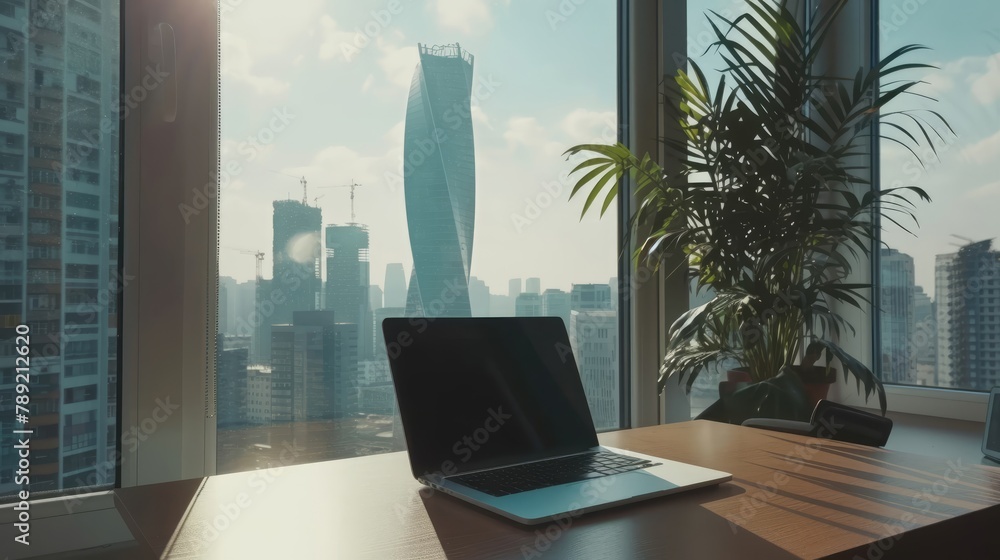 Office with City Skyline and Laptop Office with City Skyline and Laptop