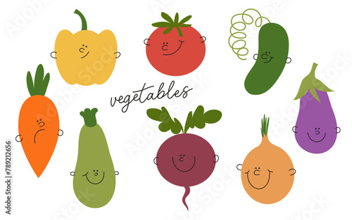 Cartoon vegetable collection. Cute  cucumber, carrot, tomato, pepper, eggplant, zucchini  for kids. Collection of colorful rainbow cartoon vegetables in funny children's doodle style. Vector food illu
