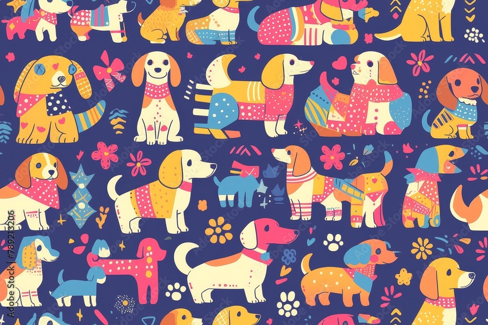 A pattern of cartoon dachshunds, designed for fabric printing with clean lines and minimal details. The background is vibrant to highlight the vibrant dachshunds against it. 