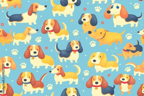 A pattern of cartoon dachshunds  designed for fabric printing with clean lines and minimal details. The background is vibrant to highlight the cuteness of the dachshunds against it. 