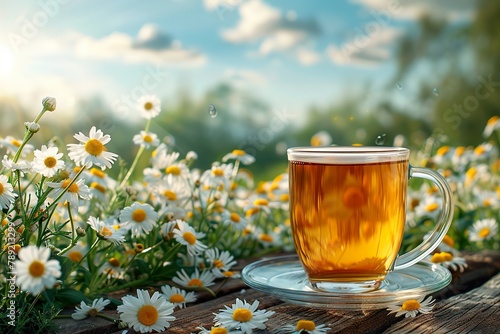 Chamomile tea outdoors with copy space