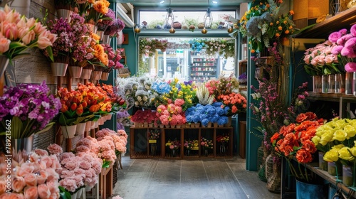 The flower shop is decorated with colorful flowers.