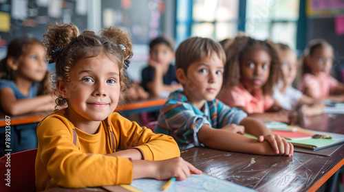 Kids during lesson in classroom, diversity, back to school .