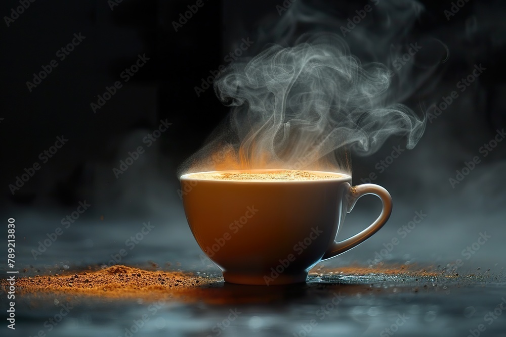 coffe with vapor in black background