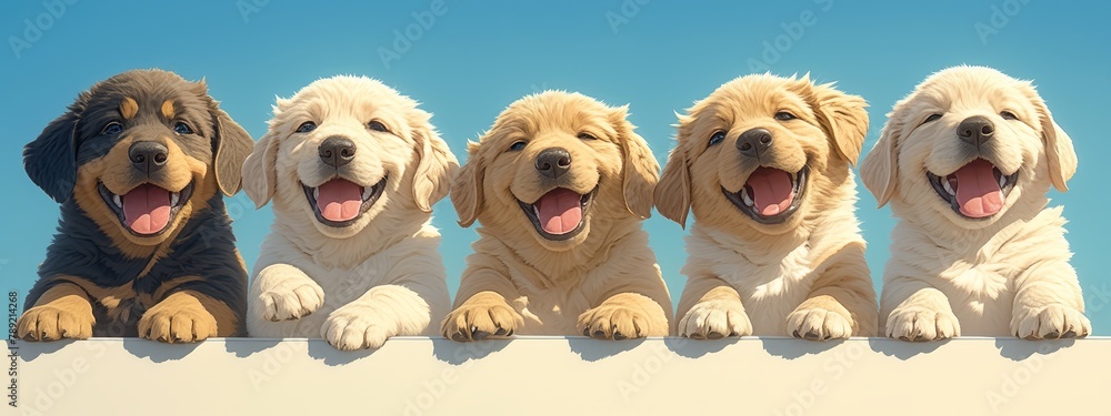 A row of cute puppies with their paws on the edge, each smiling and showing different colors like brown, white or golden retriever. 