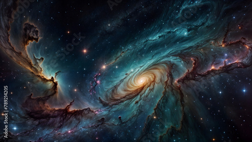 The image features a swirling galaxy with a central bright area and arms that extend out like a spiral. The galaxy is set against a backdrop of stars and is surrounded by a cloud-like structure.