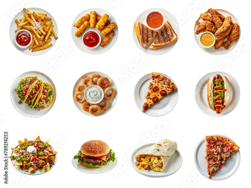 top-down view of a variety of fast food dishes  including fries  mozzarella sticks  sandwiches  fried chicken  pizza  hot dog  nachos  burger  and burrito.