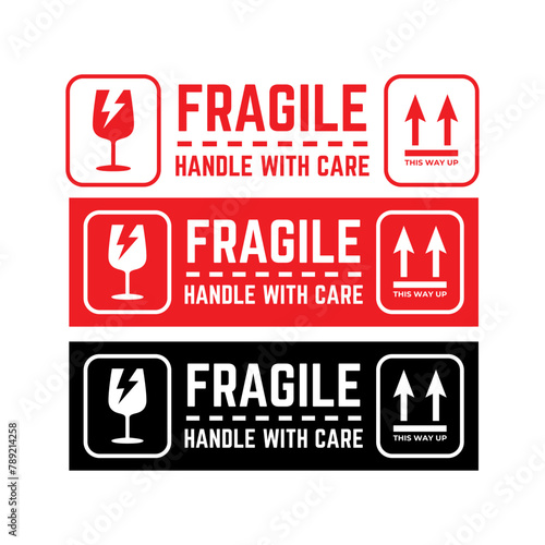 Sticker fragile handle with care vector. warning label, fragile label with broken glass symbol, vector
