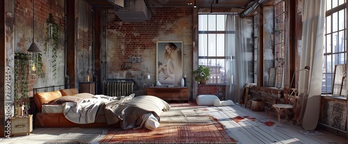 Interior, beautiful loft, luxurious bedroom