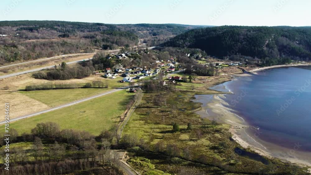 Flying Towards Small Coastal Village in Sweden, Saltkallab, Bohuslan, Sweden Flying Towards Small Coastal Village in Sweden, Saltkallab, Bohuslan, Sweden