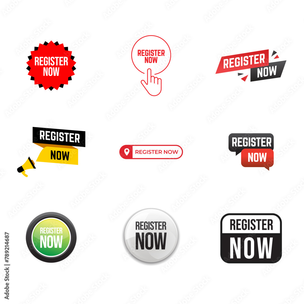 Set of label With Megaphone And Text Register Now. Set of label With Megaphone And Text Register Now.