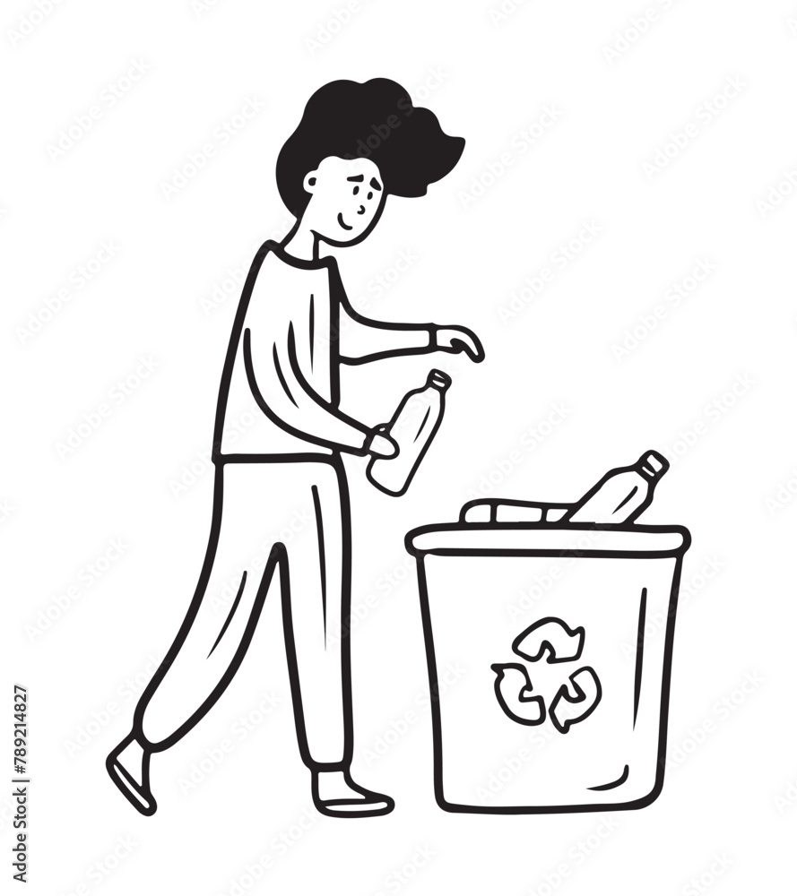 Man is throwing empty plastic bottle into special recycling garbage bin. Hand drawn vector sketch doodle illustration in flat style. Ecology, concept of recycling products, trash sorting Man is throwing empty plastic bottle into special recycling garbage bin. Hand drawn vector sketch doodle illustration in flat style. Ecology, concept of recycling products, trash sorting