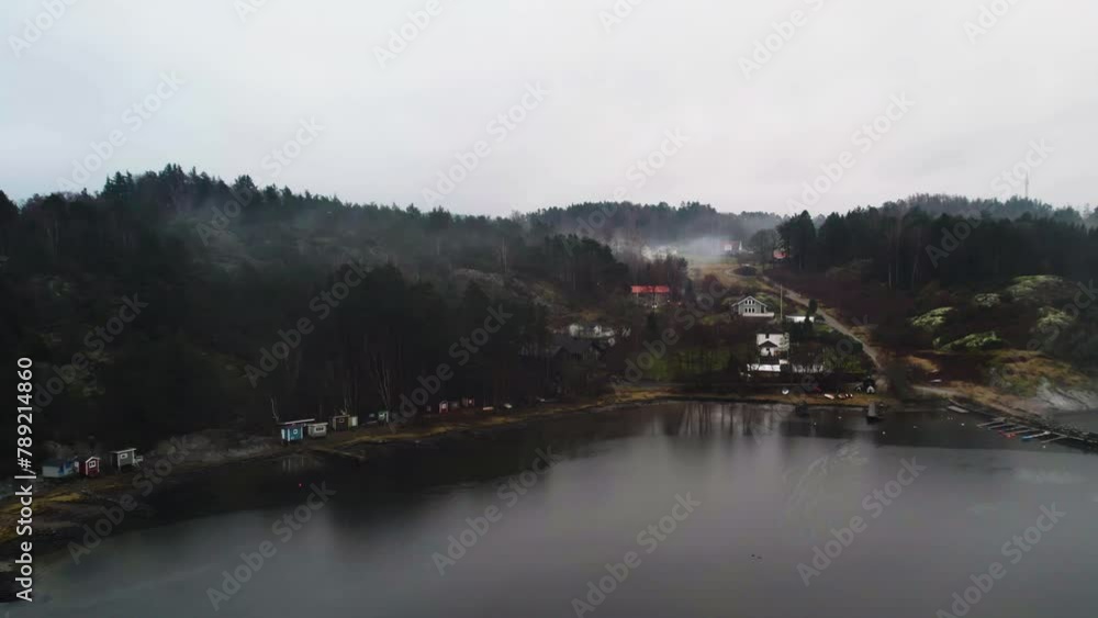 Misty Calm Morning with Swedish Coastal Houses, Aerial Misty Calm Morning with Swedish Coastal Houses, Aerial