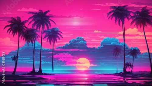 A pink and blue retro landscape of palm trees and a city skyline at sunset with a pink sea.

