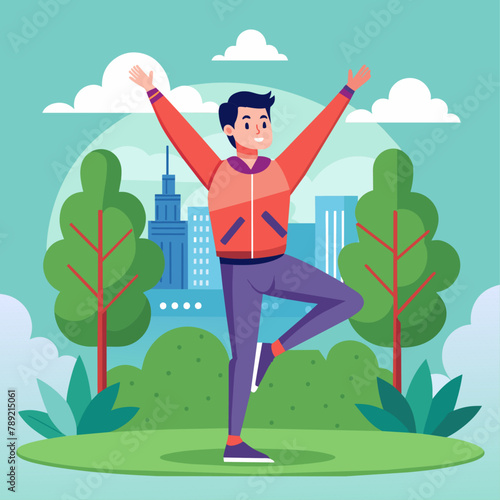 A man in a tracksuit is doing Vrkshasana yoga in the park.