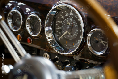 Close up of an old vintage car dashboard.