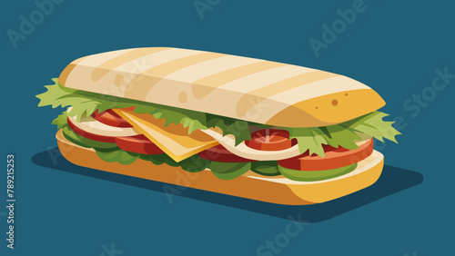 Focaccia sandwich with Turkey side,bacon,parmesan and cheddar cheese,pasta mayonnaise,tomato,spring mixed,grill,Illustration.digital.The illustration is vector.bright colors.edit.Delicious focaccia