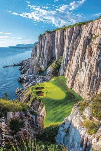 Golf course on white cliffs with iconic rock arches overlooking blue sea in panoramic view