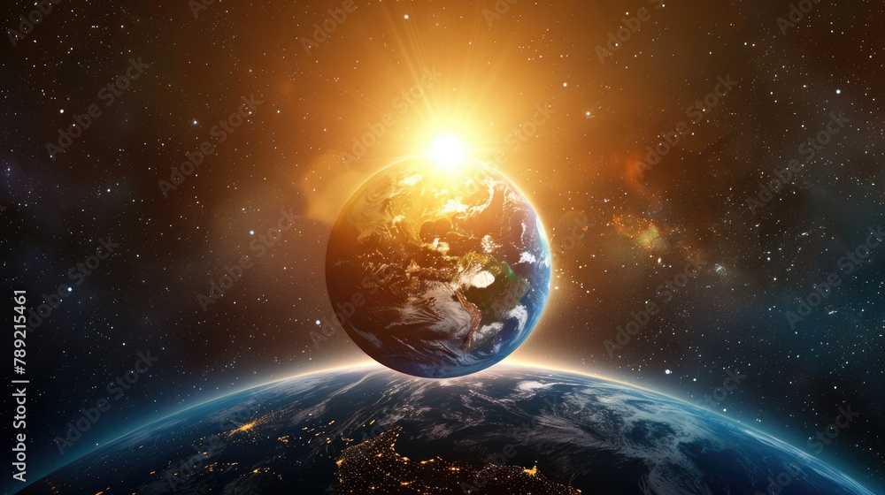 Fototapeta premium Planet Earth, space, shows a realistic surface of the Earth and a map of the world, both from the point of view of space.