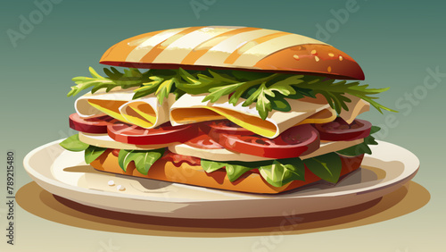 Focaccia sandwich with Turkey side,bacon,parmesan and cheddar cheese,pasta mayonnaise,tomato,spring mixed,grill,Illustration.digital.The illustration is vector.bright colors.edit.Delicious focaccia