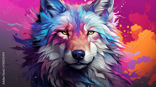 Vibrant Cosmic Wolf Portrait in Vivid Colors Digital Art