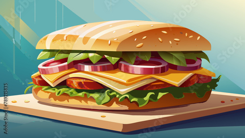 Focaccia sandwich with Turkey side,bacon,parmesan and cheddar cheese,pasta mayonnaise,tomato,spring mixed,grill,Illustration.digital.The illustration is vector.bright colors.edit.Delicious focaccia
