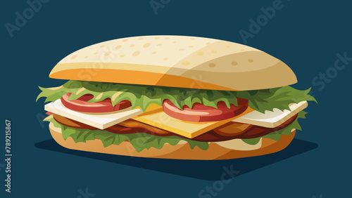 Focaccia sandwich with Turkey side,bacon,parmesan and cheddar cheese,pasta mayonnaise,tomato,spring mixed,grill,Illustration.digital.The illustration is vector.bright colors.edit.Delicious focaccia