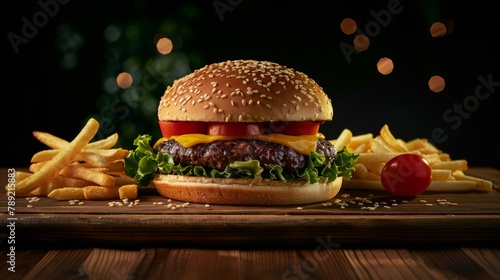 Craft beef burger and french fries on wooden table on black background