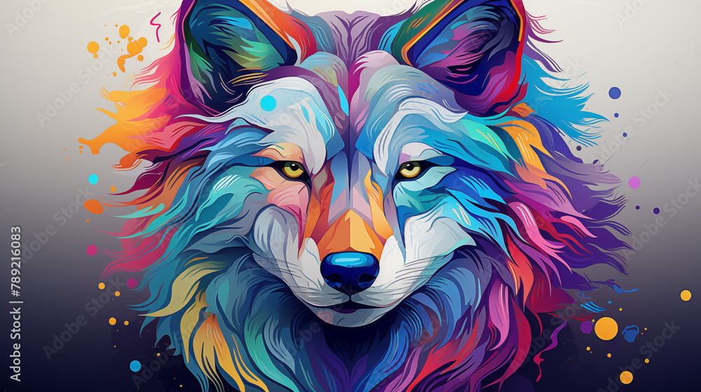 Colorful Wolf Portrait with Abstract Paint Strokes and Splashes