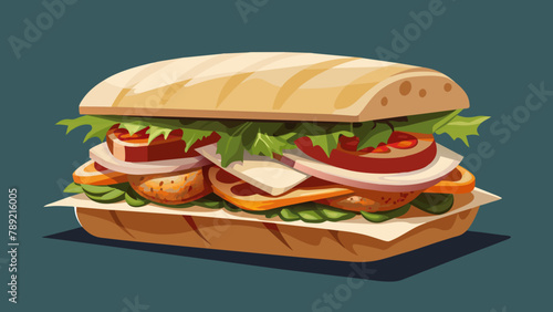 Focaccia sandwich with Turkey side,bacon,parmesan and cheddar cheese,pasta mayonnaise,tomato,spring mixed,grill,Illustration.digital.The illustration is vector.bright colors.edit.Delicious focaccia