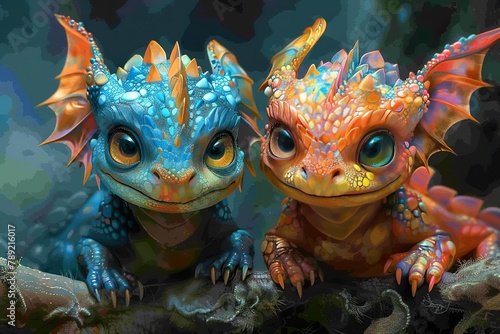 Cute funky dragons in bright colors Digital Art