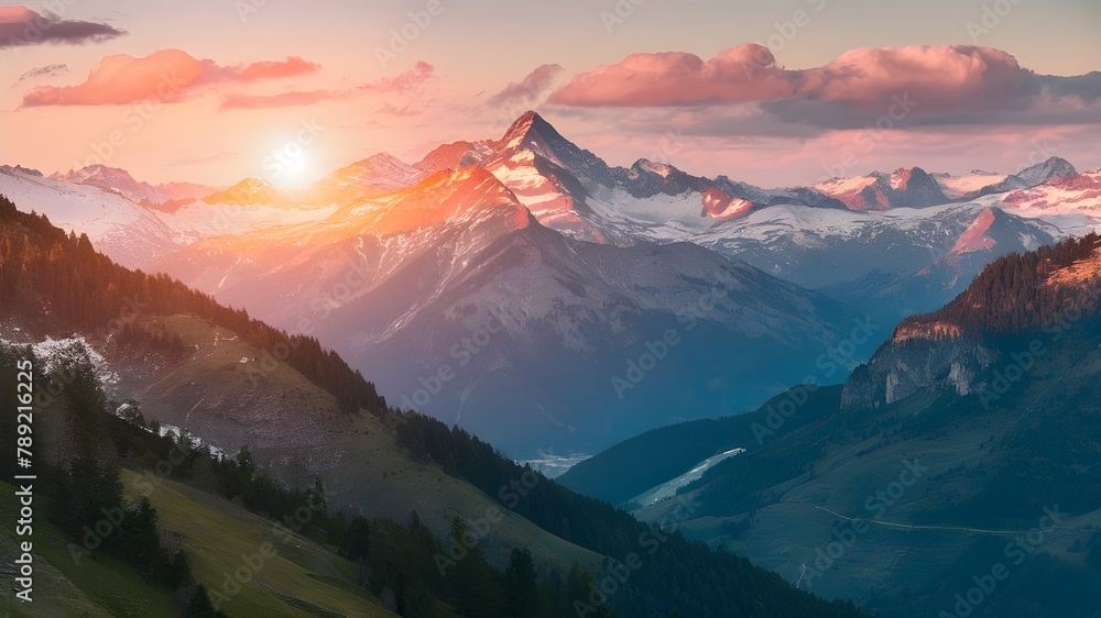 Sunny outdoor scene in the German Alps with a sunny blue sky, green hills, and mountains view, showcasing an amazing nature landscape.