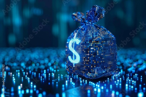 digital blue moneybag with a dollar "$" icon with binary code, ai financial transactions, fraud detection algorithms, investment portfolio management, and personalized financial planning services. 