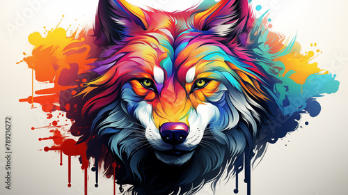 Dynamic Colorful Wolf Head Illustration with Paint Drips