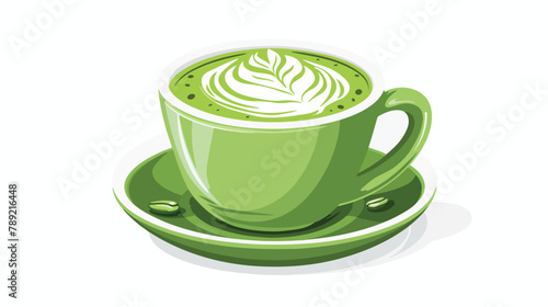 Green matcha coffee with foam in cup. Herbal cappuccino