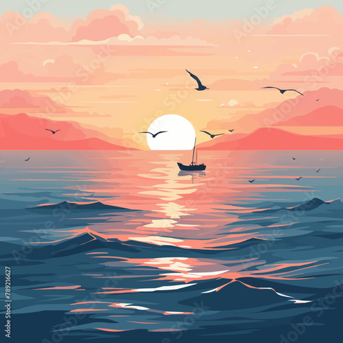 sunrise ocean vector flat minimalistic isolated illustration