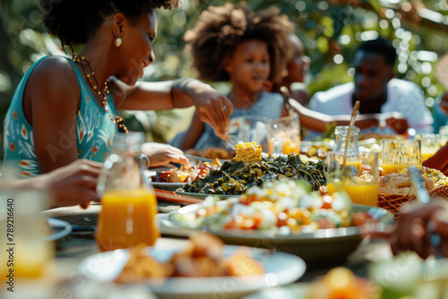 Warm family moment around a picnic table laden with traditional Juneteenth foods, vibrant with the laughter and shared enjoyment of a sunny outdoor meal