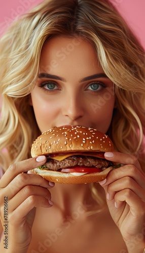 Woman enjoying tasty burger in portrait on soft color background with space for text