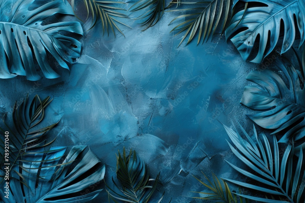 green palm leaves on a blue background. There is empty space for text in the center. banner, background, wallpaper. advertising.