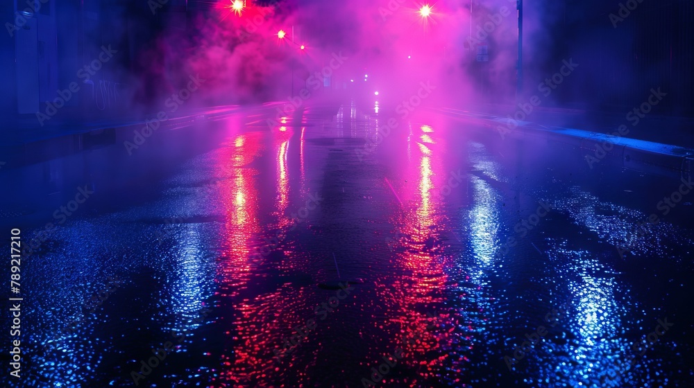 Empty show scene background. Reflection of a dark street on wet asphalt. Rays of red and blue neon light in the dark, neon shapes, smoke. Abstract dark background