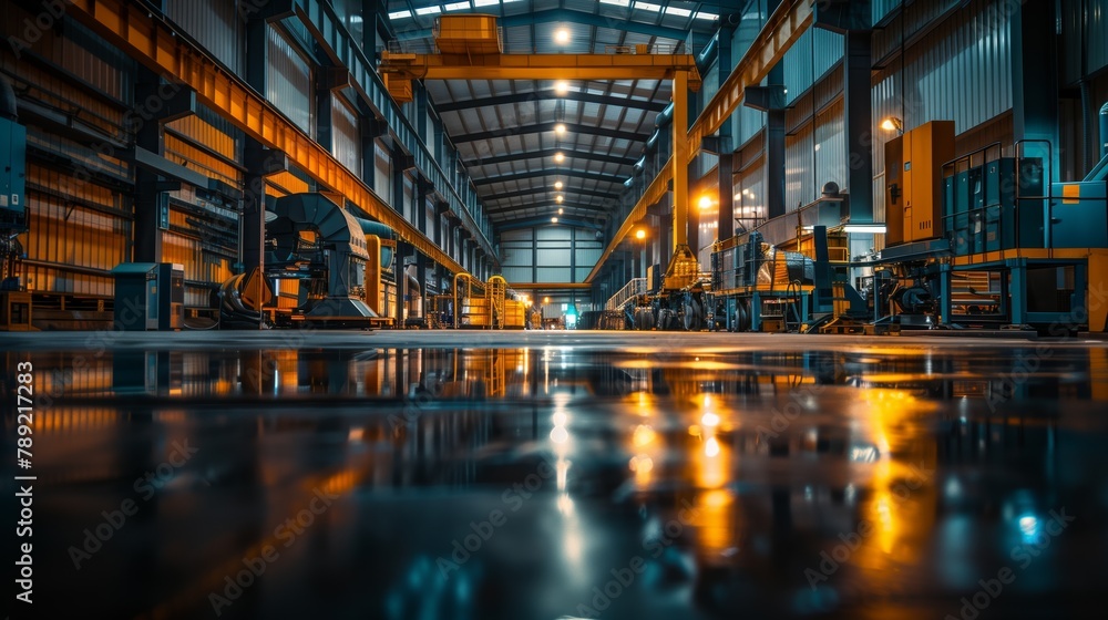 A wide angle shot of an empty factory floor with a shiny reflective floor. A wide angle shot of an empty factory floor with a shiny reflective floor.