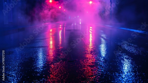 Empty show scene background. Reflection of a dark street on wet asphalt. Rays of red and blue neon light in the dark, neon shapes, smoke. Abstract dark background