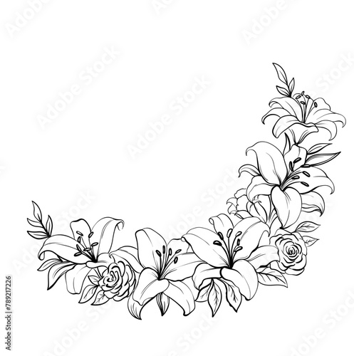 Semicircular Circle floral frame with lilies, wreath. monochrome line art, floral wreath. Botanical Border. Silhouette Wedding Decor