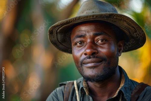 Man wearing a hat with a warm bokeh background, displays a serene expression