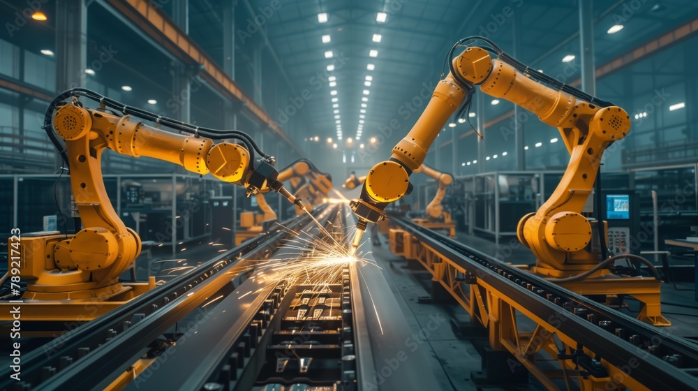 Collaborative robots welding on an assembly line Collaborative robots welding on an assembly line